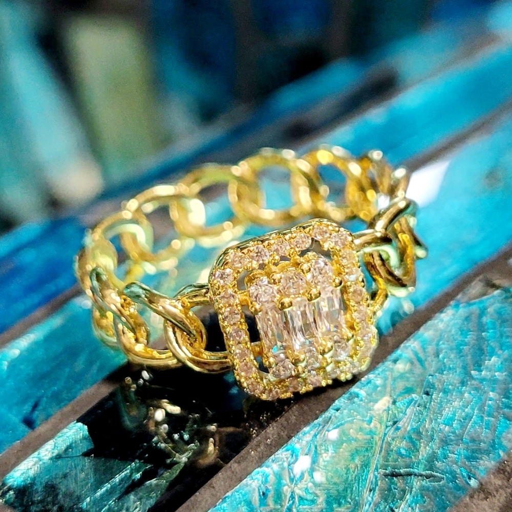 Golden Halo Clear Crystal Gold Chain Link Band Ring